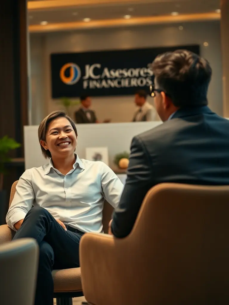 A satisfied client receiving advice on personal loans from a JC Asesores Financieros advisor. The client is smiling and appears relieved.