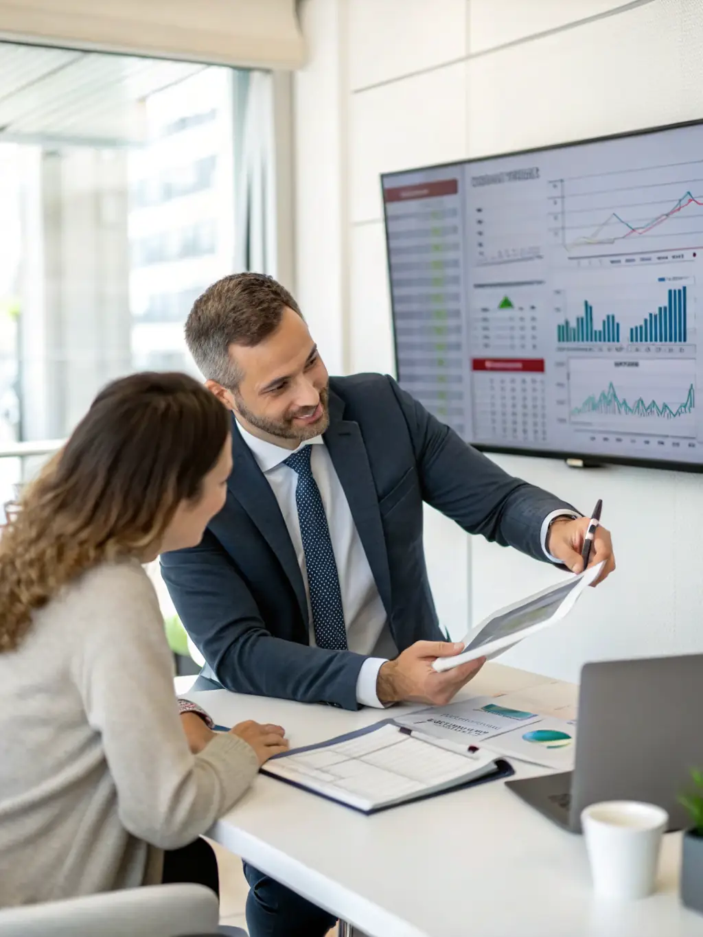 A financial advisor explaining mortgage options to a client in a modern office setting. The advisor is pointing at a document, and the client looks engaged and thoughtful.