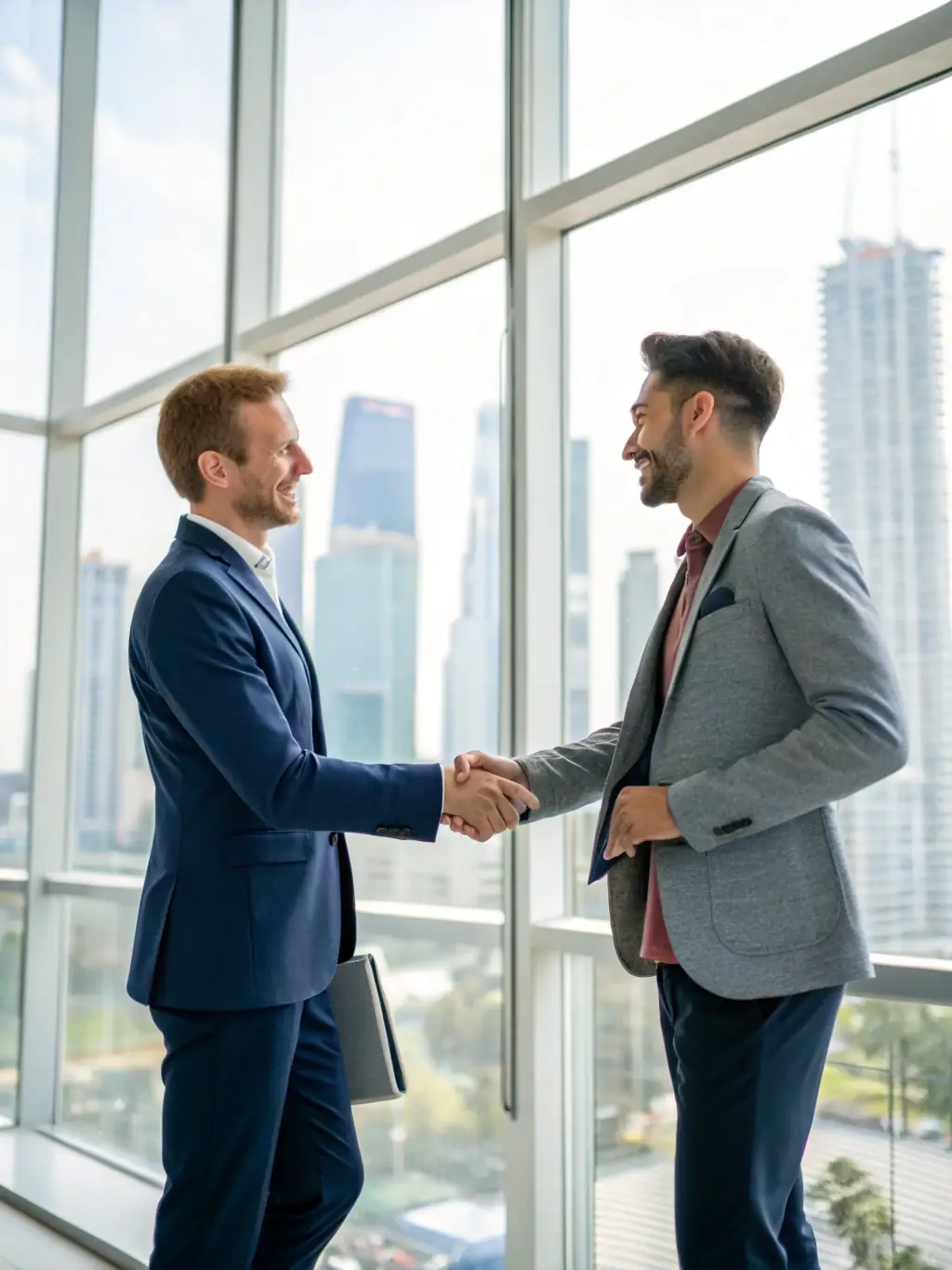 A professional man in a suit shaking hands with a younger man across a desk, symbolizing trust and agreement in mortgage services.