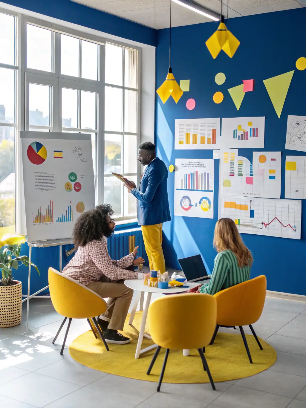 A team of financial advisors working on a strategic plan in a bright and collaborative workspace. Charts and graphs are visible in the background.